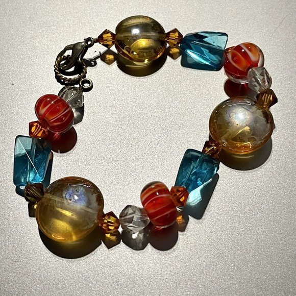 Gorgeous Blue Orange & Gold Glass Bead Bracelet - Picture 4 of 8